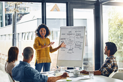 A meeting in a room with windows where a woman is presenting at an easel.